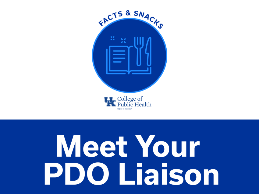 a digital graphic stating "facts & snacks. meet your PDO liaison." with a blue icon of a book and eating utensils