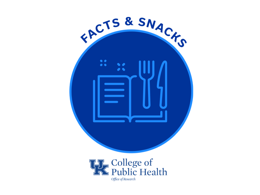 a digital graphic saying "facts & snacks" with an icon of a book and eating flatware, and the College of Public Health logo