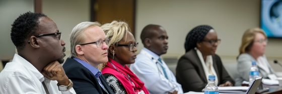 a stock photograph of middle-aged adults sitting in a conference room